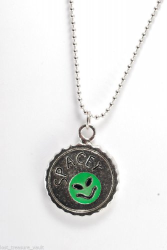 Vintage "Spacey" Alien Extraterrestrial Green Silver Beaded Chain Necklace Jewel