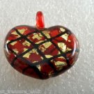 Vintage Glass Red Heart Gold Flake Pendant Black Criss Cross  Jewelry Making