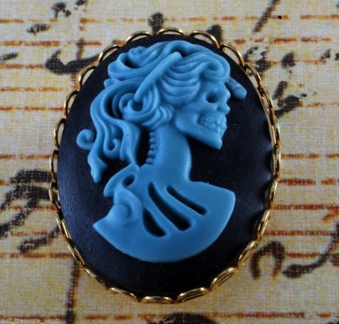 Victorian Style Corpse Lady Skeleton Brooch Black Blue Resin Cameo Gold Tone