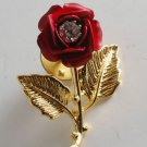 Vintage Red Rose Gold Tone Metal Pin Clear Rhinestone Center
