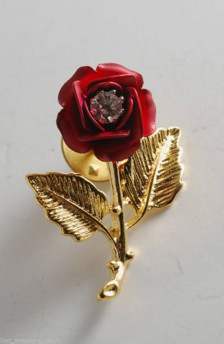 Vintage Red Rose Gold Tone Metal Pin Clear Rhinestone Center