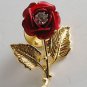 Vintage Red Rose Gold Tone Metal Pin Clear Rhinestone Center