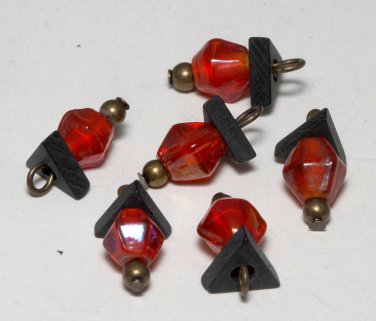 Vintage Red Glass Metal Dangle Bead Finding Set of 6