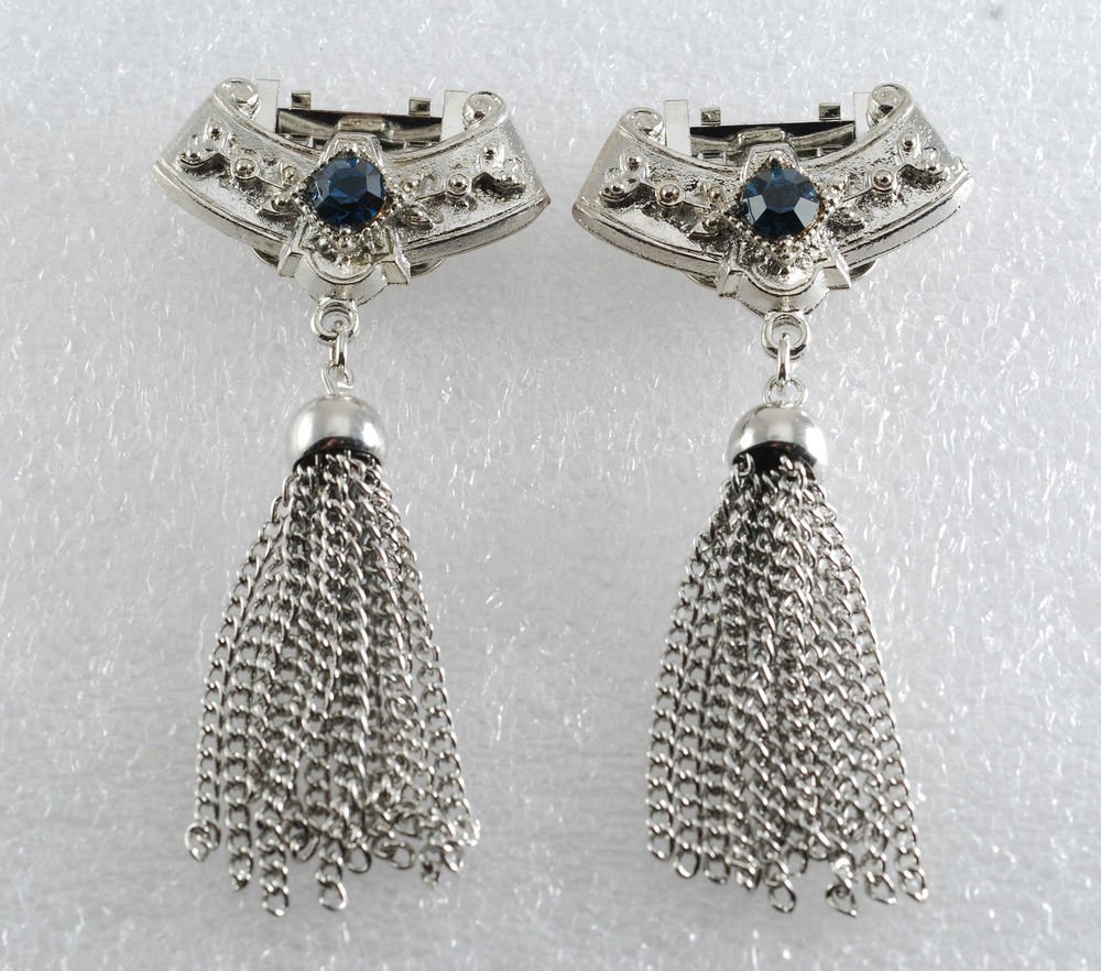 Vintage Silver PLated Metal Sapphire Blue Rhinestone Tassel Shoe Clips Pair