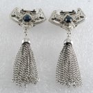 Vintage Silver PLated Metal Sapphire Blue Rhinestone Tassel Shoe Clips Pair