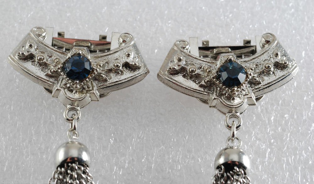 Vintage Silver PLated Metal Sapphire Blue Rhinestone Tassel Shoe Clips Pair