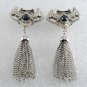 Vintage Silver PLated Metal Sapphire Blue Rhinestone Tassel Shoe Clips Pair
