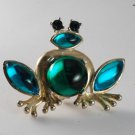 Vintage Lia Signed Silver Metal Frog Green Glass Pin Brooch Jewelry