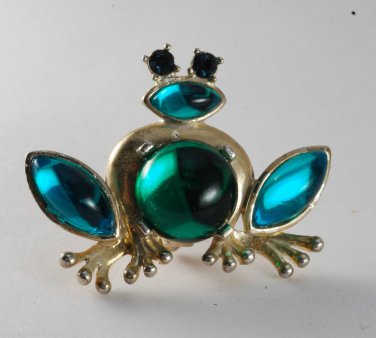 Vintage Lia Signed Silver Metal Frog Green Glass Pin Brooch Jewelry