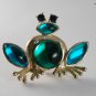Vintage Lia Signed Silver Metal Frog Green Glass Pin Brooch Jewelry