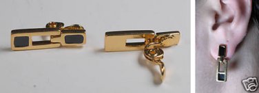 VINTAGE MONET EARRINGS GOLD TONE METAL CLIP BLACK ENAMEL JEWELRY