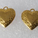 Vintage Pair Brass Etched Heart Lockets Pendants Charms Jewelry Making 12mm