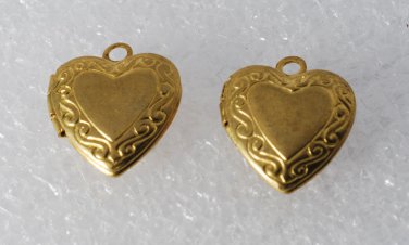 Vintage Pair Brass Etched Heart Lockets Pendants Charms Jewelry Making 12mm