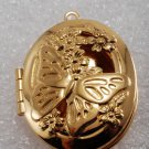 Vintage Locket Pendant Gold PLated Butterfly Flowers Stem Inside 30x23mm