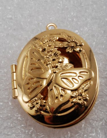 Vintage Locket Pendant Gold PLated Butterfly Flowers Stem Inside 30x23mm