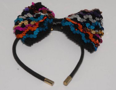 Vintage Girl Multicolor Sequin Black Headband Large Bow