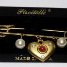 Vintage Piscitelli Red Heart Safety Pin Gold Plated Brooch