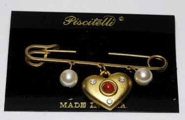 Vintage Piscitelli Red Heart Safety Pin Gold Plated Brooch
