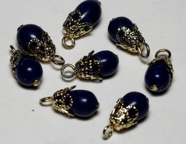 Vintage Gold Bead Cap Blue Glass Bead Dangle Finding 8