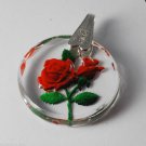 Vintage Pendant German Glass Reverse Intaglio Rose Bail Clip Top Silver Metal