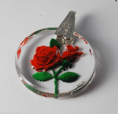 Vintage Pendant German Glass Reverse Intaglio Rose Bail Clip Top Silver Metal
