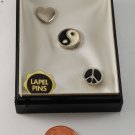 Vintage Set of 3 Lapel Pins New in Original Box Peace Yin Yang Heart