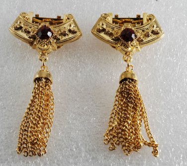 Vintage Gold PLated Metal Ruby  Rhinestone Tassel Shoe Clips Pair