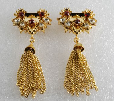 Vintage Gold PLated Metal Ruby Clear Rhinestone Tassel Shoe Clips Pair