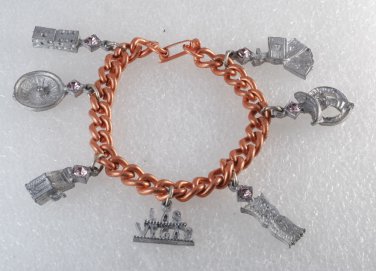 Vintage Copper Plated Chain Charm  Bracelet Las Vegas Lucky Roulette Dice Pink