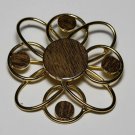 Vintage Gold Tone Metal Flower Woodgrain Science Atom Pin Brooch