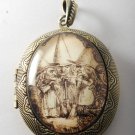 Victorian Style Raw Brass Locket 3 Witches Brooms Glass Dome Cabochon  Jewelry