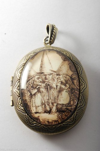 Victorian Style Raw Brass Locket 3 Witches Brooms Glass Dome Cabochon  Jewelry