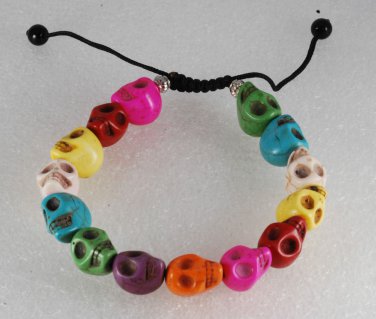 Rainbow Color Dyed Howlite Stone Skull Adjustable Bracelet Jewelry