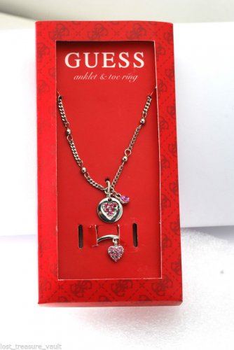 Guess Heart Silver Ankle Bracelet Toe Ring Silver Metal Pink Rhinestone Set