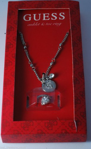 Guess Heart Silver Ankle Bracelet Toe Ring Silver Metal Clear Rhinestone Set
