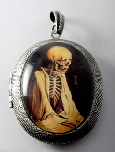 Victorian Style Silver Plated Perfume Locket Robed Skeleton Glass Cabochon