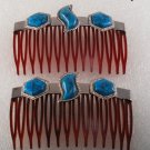 Vintage Brown Hair Comb Pair Silver Metal  Simulated Turquoise Accessorie
