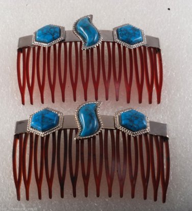 Vintage Brown Hair Comb Pair Silver Metal  Simulated Turquoise Accessorie