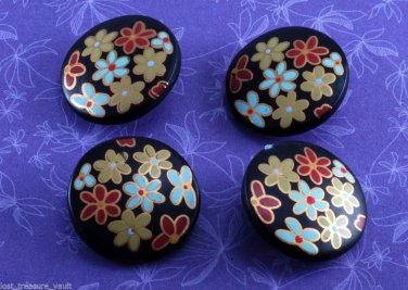 Set of 4 Plastic Sewing Buttons Black Colored Flowers CRafting Plastic Shank