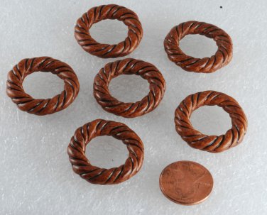 Vintage Brown Plastic Rope Look Round Grooved Doughnut Beads Set of 6
