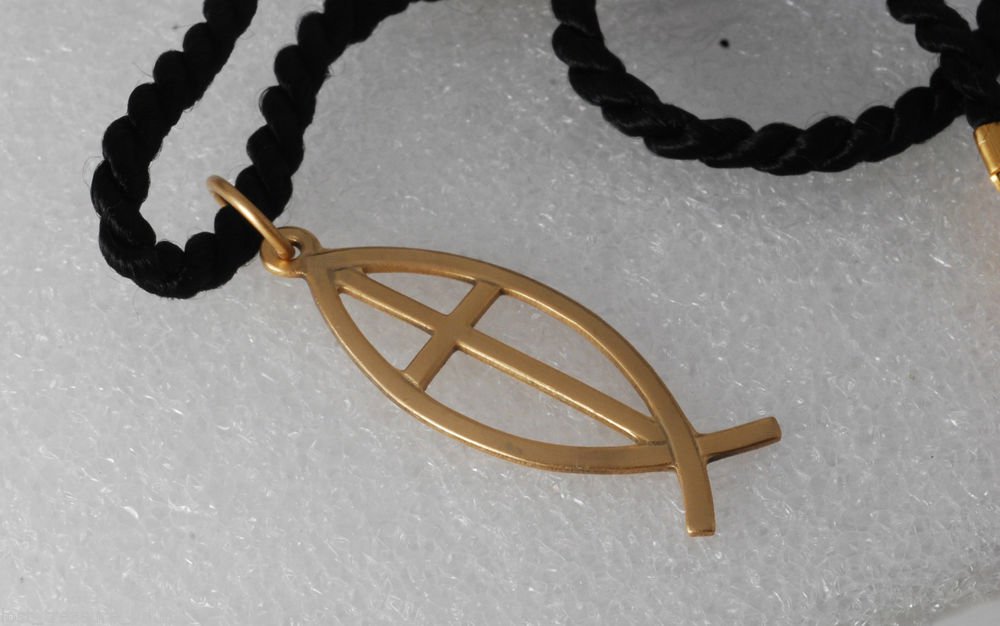 Vintage Ichthys Christian Fish Gold Tone Metal Necklace Black Satin Rope Jewelry