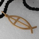 Vintage Ichthys Christian Fish Gold Tone Metal Necklace Black Satin Rope Jewelry