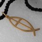 Vintage Ichthys Christian Fish Gold Tone Metal Necklace Black Satin Rope Jewelry