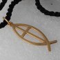 Vintage Ichthys Christian Fish Gold Tone Metal Necklace Black Satin Rope Jewelry