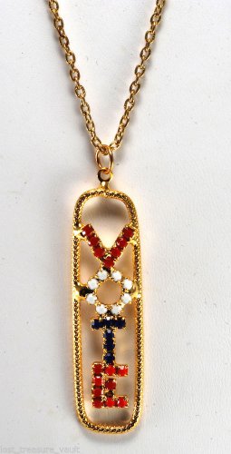 Vintage Gold Metal Red White Blue Rhinestone "Vote" 60's Political Necklace