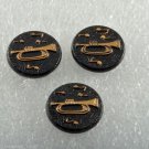 Vintage Lot of 3 Trumpet Black Gold Cabochons Music 17mm Jewelry Making