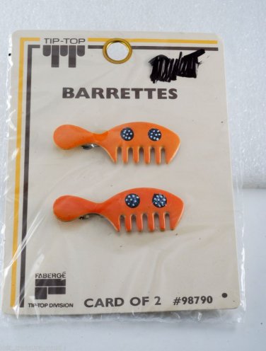 Vintage Tip Top Hair Barrette Enamel Comb Pair Faberge Wire Back Orange NOC