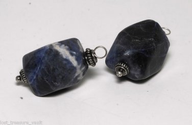 VTG Blue White Silver Shank Sodalite Stone Bead Pendant Pair