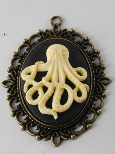 Victorian Style Repro Brass Pendant Octopus  Black Resin Cabochon Center Jewelry