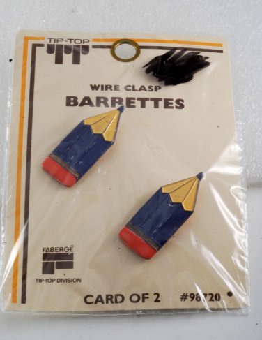 Vintage Tip Top Hair Barrette Enamel Pencil Pair Faberge Wire Back Navy Blue NOC